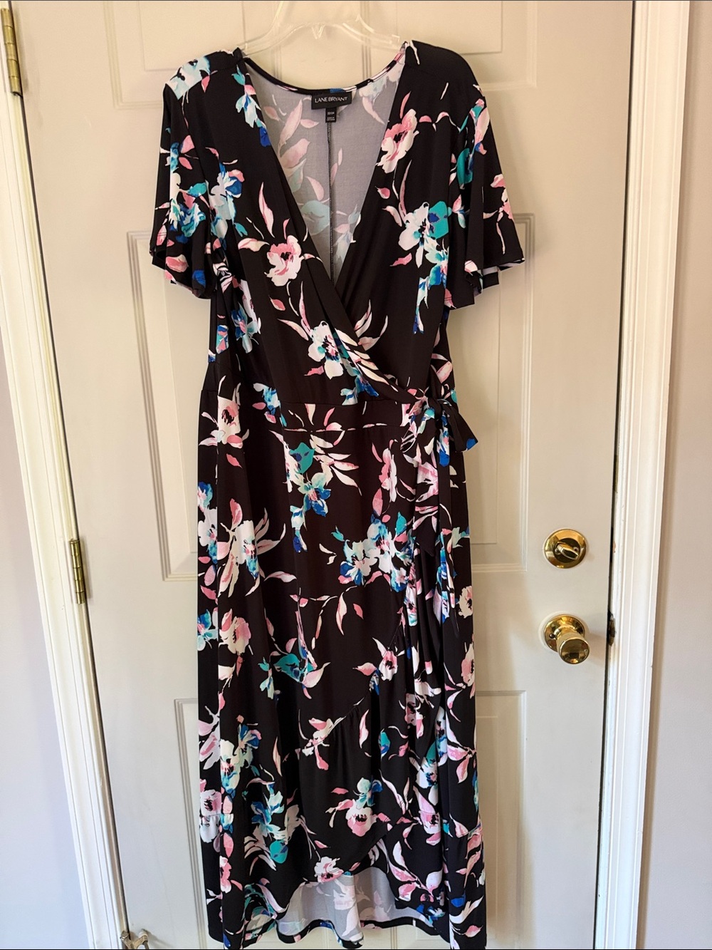Lane Bryant Black Floral Wrap Midi Dress with Pink & Teal Blooms